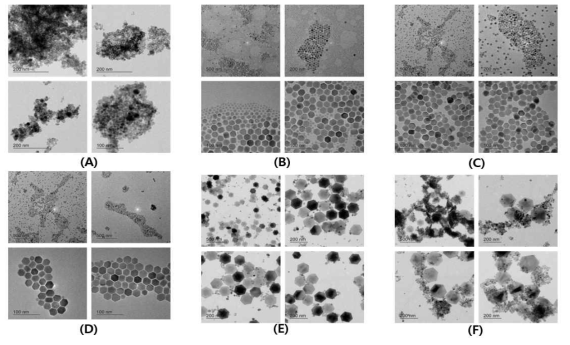 TEM image of UCNPs prepared by varying reaction time. (A) 50 min, (B) 60 min, (C) 65 min, (D) 70 min, (E) 80 min and (F) 90 min