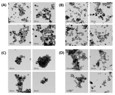 TEM image of UCNPs prepared by varying stirring speed. (A) 160 rpm, (B) 200 rpm, (C) 220 rpm and (D) 240 rpm