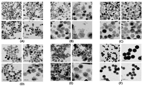 TEM image of UCNPs prepared by varying the molar ratio of solvent and reactants. (A) 1.0 : 0.095, (B) 1.0 : 0.114, (C) 1.0 : 0.133, (D) 1.0 : 0.152, (E) 1.0 : 0.171 and (F) 1.0 : 0.264