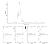 UPLC-Q-TOF MS chromatogram and MS/MS spectra of anthocyanins in fresh black raspberry. Peak indentities: 1, cyanidin-3-rutinoside; 2, pelargonidin-3-rutinoside; 3, delphinidin-3-rutinoside; 4, delphinidin-3-glycoside