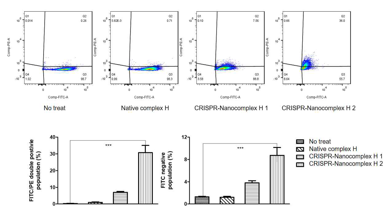 HEK293T reporter에서 나노-CRISPR 처리 후 flow cytometry에 의한 유전자 편집 효율 측정