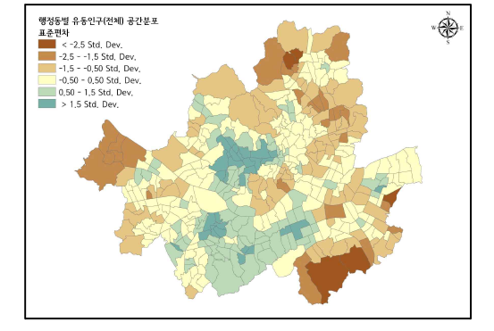 서울시 행정동별 평균 유동인구 공간분포 추정결과