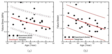 연령별 (a) 시뮬레이션, 실험 파단 응력 (b) 파단 신장률