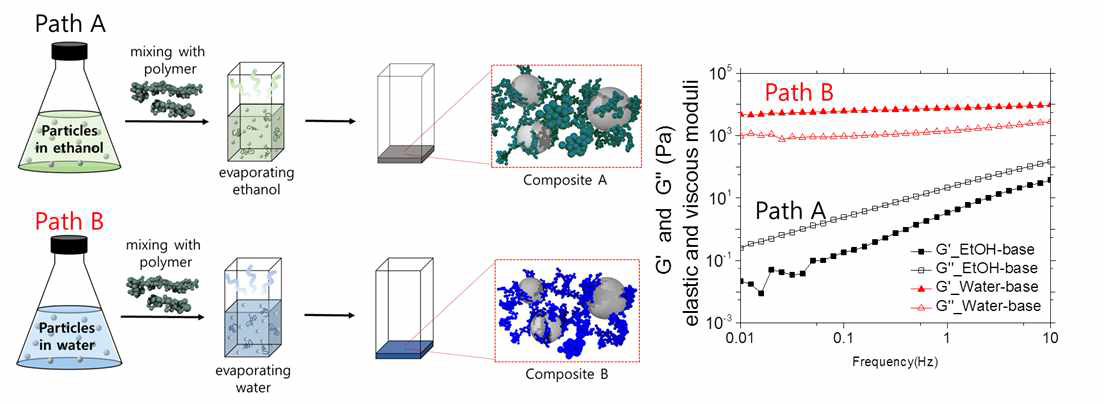 (왼쪽) 35nm 실리카 나노 입자 부피 분율 0.2와 poly(ethylene glycol) 6 kg/mol를 혼합하여 제작한 고분자 나노콤포짓의 제작경로. (오른쪽) 고분자 나노복합체의 경로의존적 elastic(G’), viscous(G“) 모듈러스 결과