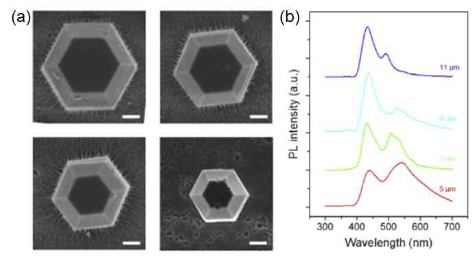 (a) 다른 크기의 InGaN/GaN 결정의 SEM images (scale bar: 2 μm). (b) 결정 크기에 따른 PL spectra