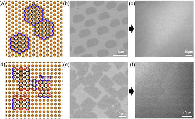(a)-(c) 구리 호일의 표면을 (111) 방향으로 결정화 시킨 후 합성한 그래핀 결정. (d)-(f) 구리 호일의 표면을 (100) 방향으로 결정화 시킨 후 합성한 그래핀 결정