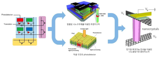 수직 정렬된 반도체 나노결정 어레이에 전기장 투과전극을 도입하여 기존 CMOS방식소자를 대체/보완하는 신개념 수직-액티브-픽셀형 이종하이브리드 광전자소자 구현