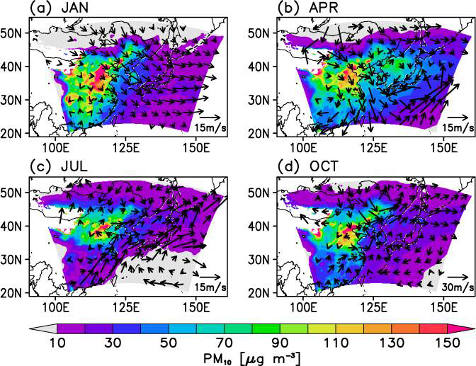 DA 실험 PM10 지상농도(shaded)와 850hPa 바람 (vector)의 계절별 평균 비교