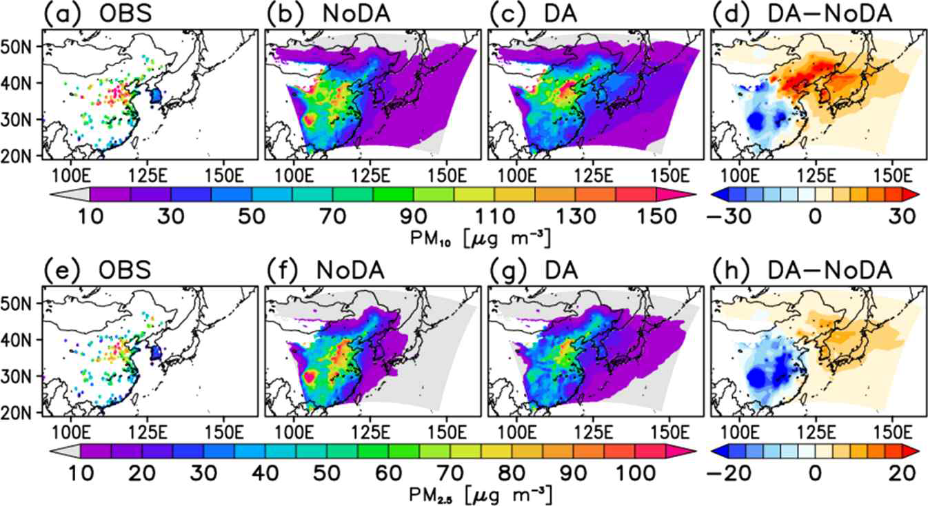 4계절평균 (위)PM10, (아래)PM2.5 지상 농도 분석장 검증. (a, e) 관측, (d, f) NoDA, (c, g) 영역1에서의 DA실험 결과. 사막지역은 다른 지역에 비해 농도가 너무 높아 그림에서 제외됨
