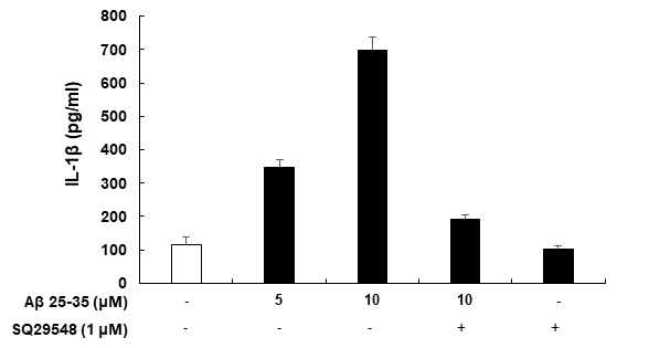 Regulation of Aβ induced IL-1β in SQ29548 treated BV2 microglial cells. BV2 microglial cells were pre-treated with indicated concentrations of SQ29548 for 1 h before Aβ 25-35 stimulation at 24 h incubation period. Culture supernatants were used to measure the BV2 cells released inflammatory cytokine IL-1β levels by ELISA. Quantitative data represent the mean ± S.D (n=3)