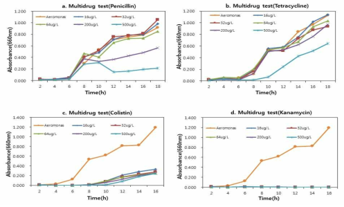 Antibiotic resistance to Aeromonas sp. a)Tetracycline, b)Kanamaycin, c)Colistin, d)Panicillin