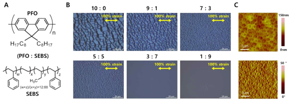 PFO 발광고분자 반도체와 SEBS 탄성체의 (A) 분자구조 및 (B) 혼합비율에 따른 100% 연신 100회 후 이미지 (Optical microscope images) 및 (PFO:SEBS) 3:7 비율의 AFM images (Top: Height mode, Down: phase mode)