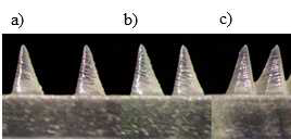 마이크로니들 간 간격에 대한 연구 a) 1.0 mm, b) 0.5 mm, c) 0.25 mm
