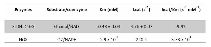 Kinetic parameters of EtDH:D46G and NOX