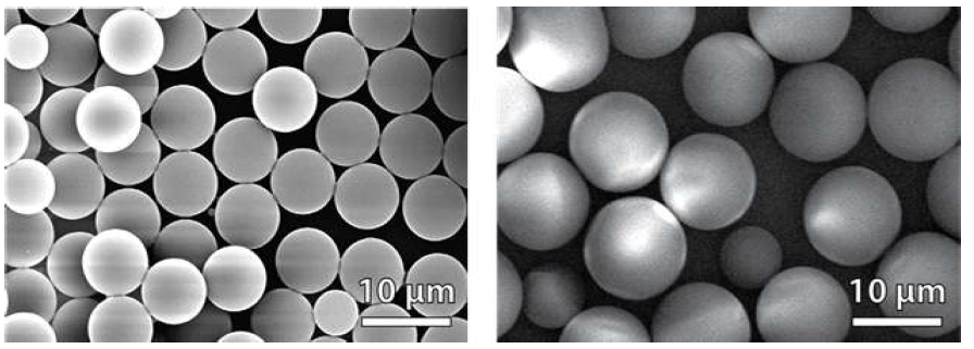 다양한 PS sphere template SEM 이미지 (좌: 6 μm, 우: 9 μm)