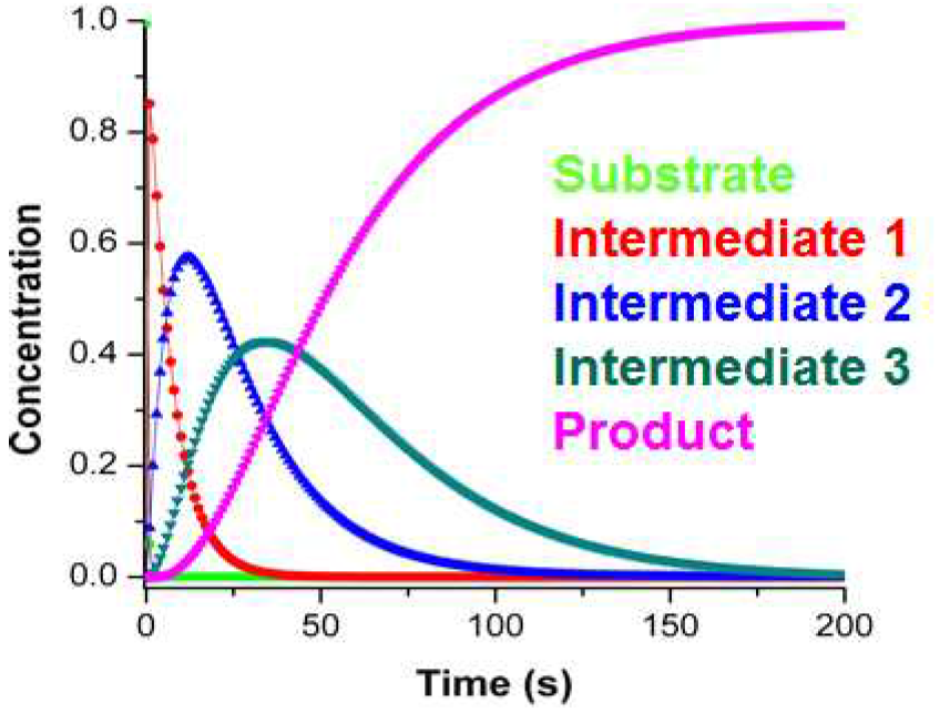 Concentration profile of three new transient species (red blue and green) observed as a function of time. The light green trace is substrate, and purple is product