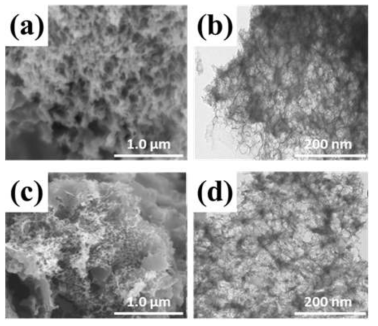 (a, b) LEDFe5와 (c,d) LEDFe-NH3의 SEM, TEM 이미지