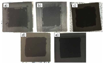 PVDF 양에 따른 GDE 전극 상태; a)2wt%, b)6wt%, c)10wt%, d)15wt%, e)20wt%