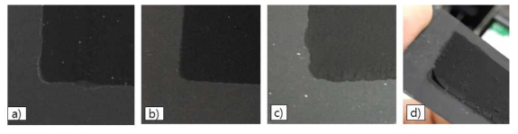 건조 온도에 따른 코팅된 촉매층 가장자리 비교; a)40℃, b)60℃, c)80℃, d)120℃