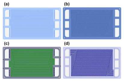 1세부에서 설계한 분리판 도면: (a) Cathode 냉각 면, (b) Cathode 반응 면, (c) Anode 냉각 면 및 (d)Anode 반응 면