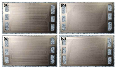 유로 가공된 분리판 시제품: (a) Cathode 냉각 면, (b) Cathode 반응 면, (c) Anode 냉각 면 및 (d)Anode 반응 면