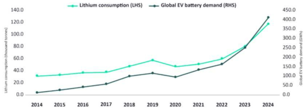 리튬의 소비 및 전기자동차의 수요 변동 예상 그래프