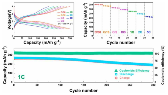 Na/Cu2P2O7-CNT nanocomposite의 C-rate 테스트 (상단 왼쪽), Power-capability 테스트 (상단 오른쪽)