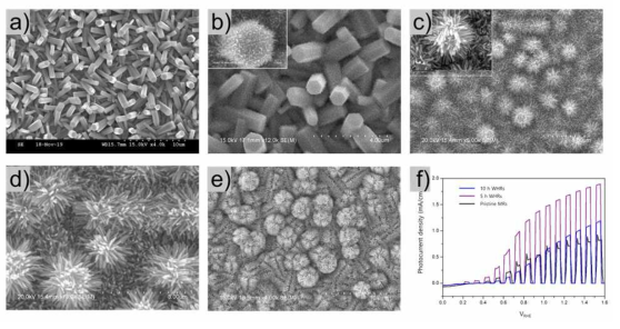 (a) ZnO microrod template과 (b-e) 1h, 5h, 10h 동안 기른 whisker structure, (f) ZnO microrod template과 ZnO whisker photocurrent 비교