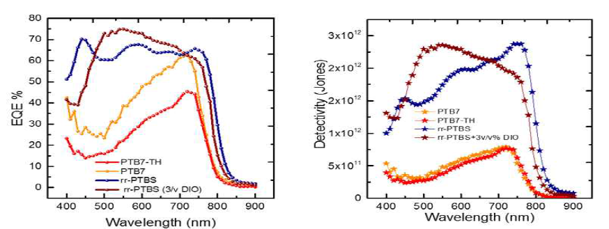 신규 rr-PTBS 반도체를 이용한 OPD 소자의 EQE 및 Detectivity 곡선
