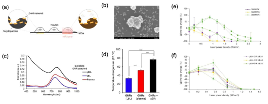 (a) 폴리도파민과 금나노막대가 결합된 고효율 광열자극칩 모식도. (b) 폴리도파민 위에 코팅된 금나노막대의 주사 전자 현미경 사진. (c) 폴리도파민, 플라즈마, 고분자전해질 표면 위에 금나노막대가 부착된 유리 기판의 흡광도. (d) 폴리도파민, 플라즈마, 고분자전해질 표면 위에 금나노막대가 부착된 유리 기판 위의 광열 효과 비교. (e-f) 광열자극 억제 효과. 금나노막대칩(e)과 금나노막대-폴리도파민필름칩(f)