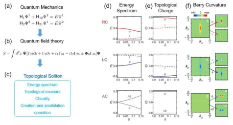 (a) 양자역학 모델 (b) 양자장론 모델 (c) 위상솔리톤(topological soliton)의 중요성질 (d) 위상솔리톤의 에너지 스펙트럼 (e) 위상솔리톤의 위상불변량(위상전하) (f) 위상솔리톤의 베리곡률(Berry curvature)