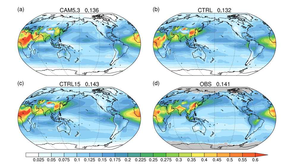 전지구에어로졸 농도 (aerosol optical depth)에 대한 비교. (a) CAM5.3 모델, (b) 새로운 접근법 적용에 대한 2007년 결과 (CTRL), (c) 새로운 접근법 적용에 대한 2000-14년 평균 결과 (CTRL15), (d) 관측값(OBS). 회색은 결측값을 나타냄