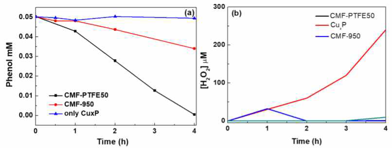 (a) 개발한 광전극별 전기화학적 페놀 분해량. (b) 페놀 분해반응중 동시측정한 과산화수소의 양 (실험 조건 : -1V vs. Ag/AgCl in 0.1M KOH (pH adjusted to 7.0 with HClO4))