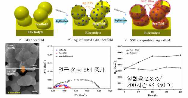 금속 촉매 적용 복합 전극 스키메틱 및 장기 안정성 평가 결과 (650 ℃/200 h)