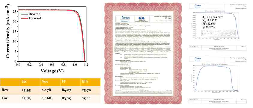 여러 공정의 최적화를 통하여 제조된 대표 소자 중의 하나에 대한 I-V 특성 및 효율