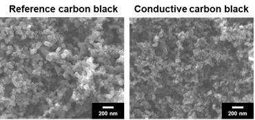 기존 카본블랙 (Reference: super-P)과 고 전도성 카본블랙 (Ketjen black)의 SEM 사진