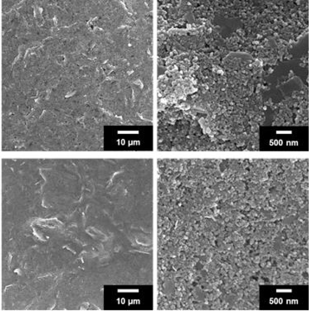 기존 카본블랙 (Reference: super-P, 상)과 고 전도성 카본블랙 (Ketjen black, 하)을 이용하여 제조한 카본 전극 표면 SEM 사진