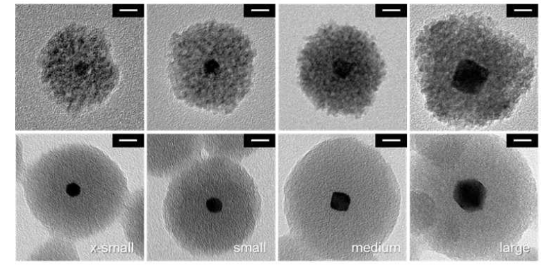 서로 다른 크기의 백금나노입자@다공성산화물(이산화세륨, 이산 화실리콘) 나노구조체 합성결과 TEM 이미지. 위 – Pt@CeO2, 아래 – Pt@SiO2
