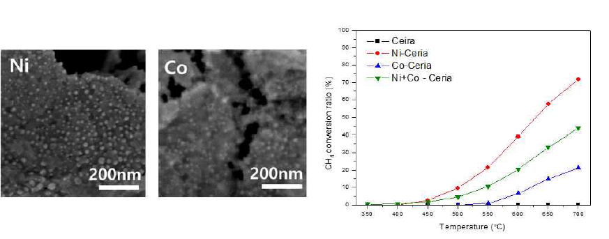 CELD를 통해 증착된 Ni, Co 나노입자가 포함된 다공성 세리아 박막에 대한 SEM 이미지 (좌). Ni, Co, Ni-Co 나노입자가 도입된 세리아 나노구조체의 금속 종류별 메탄 개질반응 촉매 특성 평가 결과 (우)