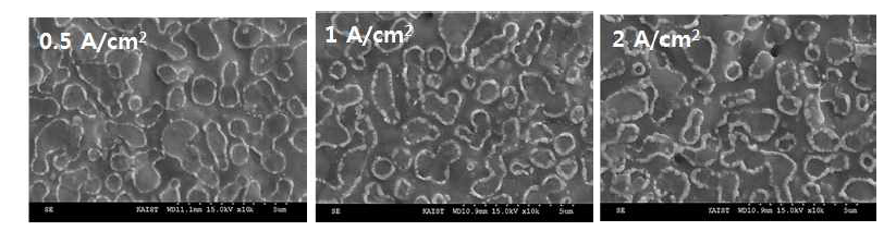 인가한 전류밀도에 따라 TPB에 침적된 Pt의 미세구조