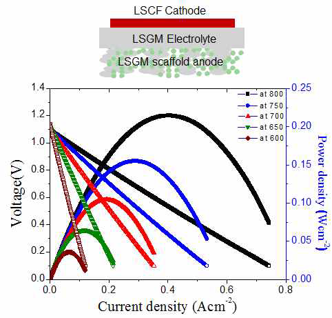 Scaffold type 연료극 단전지의 I-V 커브