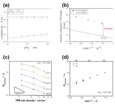 YSB 임피던스 분석 결과 (a) 이온, 전자전도도 측정 결과, (b) 비면저항 측정 결과, (c) 3상계면 길이 변화에 따른 전극저항 변화추이 (d) 금속 current collector 종류 변화, (Au, Pt)에 따른 전극저항의 온도에 따른 변화 추이