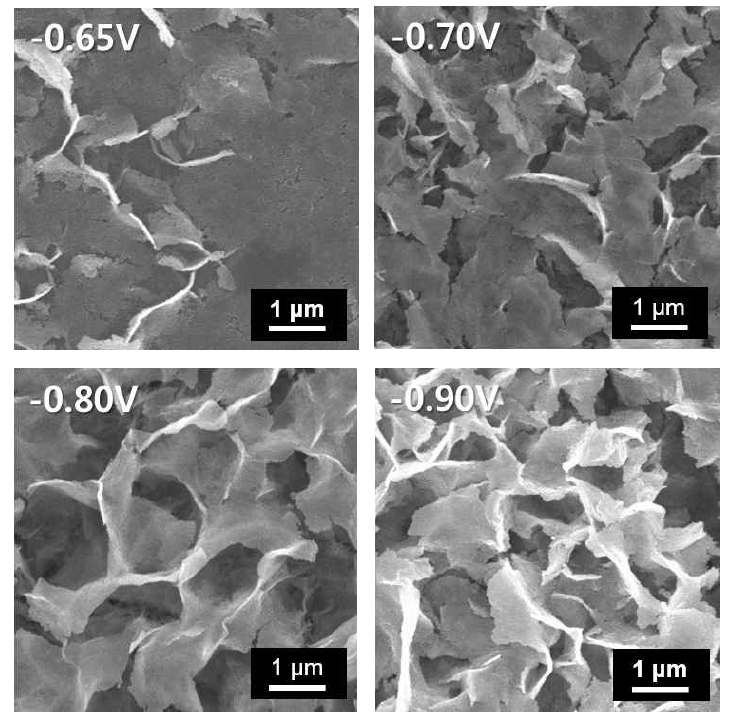 그전기화학도금의 인가전압 조절 (-0.65V ~ -0.90V vs. SCE기준전극)에 따른 SDC 나노구조체의 형상 변화 SEM 이미지