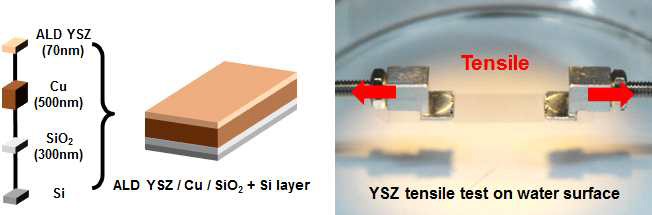 초박막 YSZ 인장 실험 시편 및 실험 사진