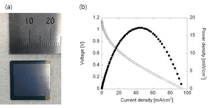 (a) 2 cm × 2 cm 기판 위에 제작된 1.6 cm × 1.6 cm 셀 (b) 제작된 대면적 셀의 I-V 특성