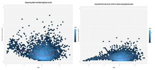 전체샘플의 basemean 값과 fold 값의 상관성 분석 (raw read counts vs. normalized read counts)