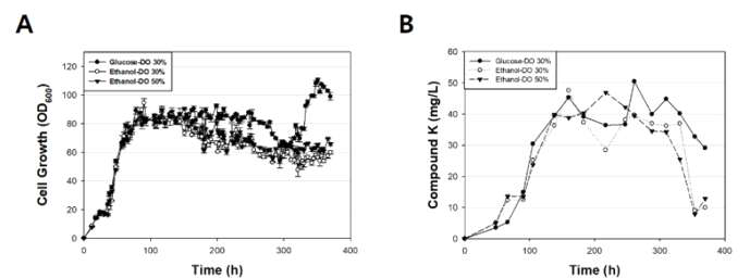 Glucose와 ethanol의 제공에 따른 CK 생산량 변화 및 세포 성장 변화. (A, 세포 성장 속도 변화; B, Compound K 생산량 변화)