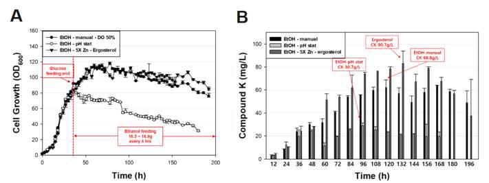 Feeding 조건 및 Zn, ergosterol 공급에 따른 CK 생산량 변화 및 세포 성장 변화. (A, 세포 성장 속도 변화; B, Compound K 생산량 변화)