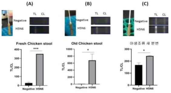 분변의 종류에 따른 형광 진단 시스템의 성능 차이. (A) 신선한 닭 분변. (B) 오래된 닭 분변. (C) 야생조류 분변