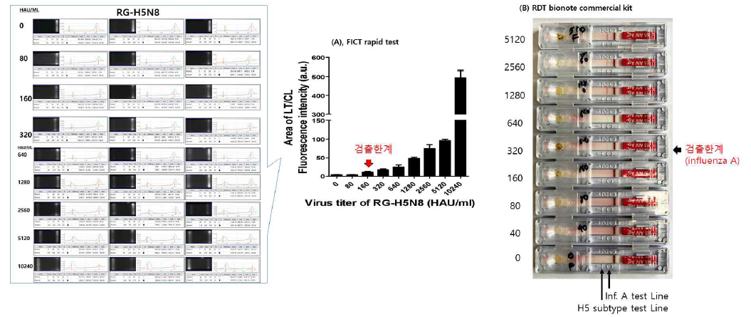 축합용 #1.1-4/점적용 #23.3의 형광 키트의 H5N8에 대한 검출한계 (분변과 바이러스를 혼합한 경우) (160 HAU/mL)